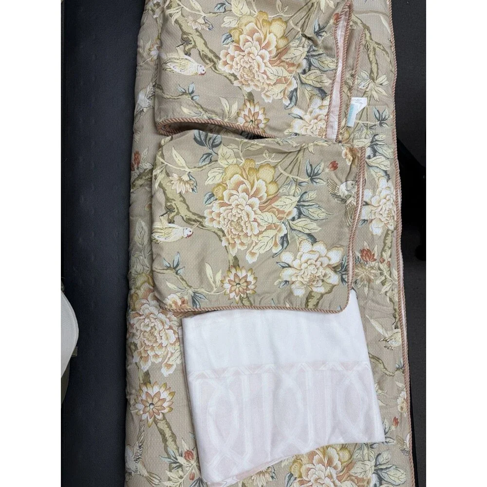 Waverly Mudan Beige Floral FULL/QUEEN Comforter Set 4Pcs Peony Gardens RARE